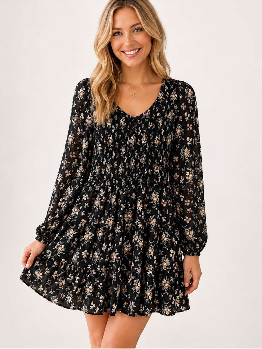 Altar'd State Long Sleeve Floral Tiered Mini Dress Small